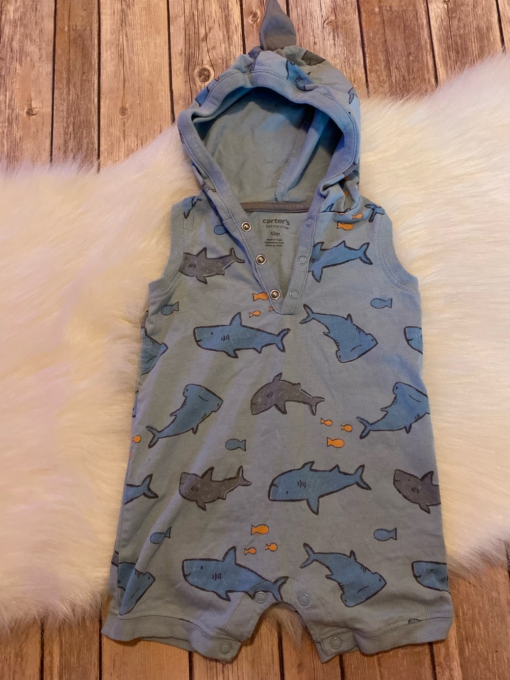 Boy’s 12M Carter’s Hooded Fin Shark Romper